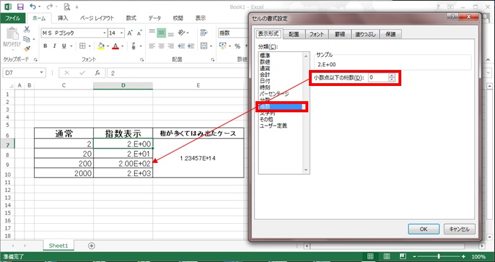 セルの書式設定：指数